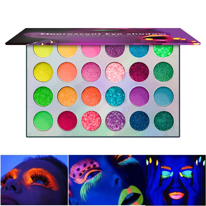 24-Color Neon Rainbow Eyeshadow Palette UV Fluorescent Matte Glitter Waterproof