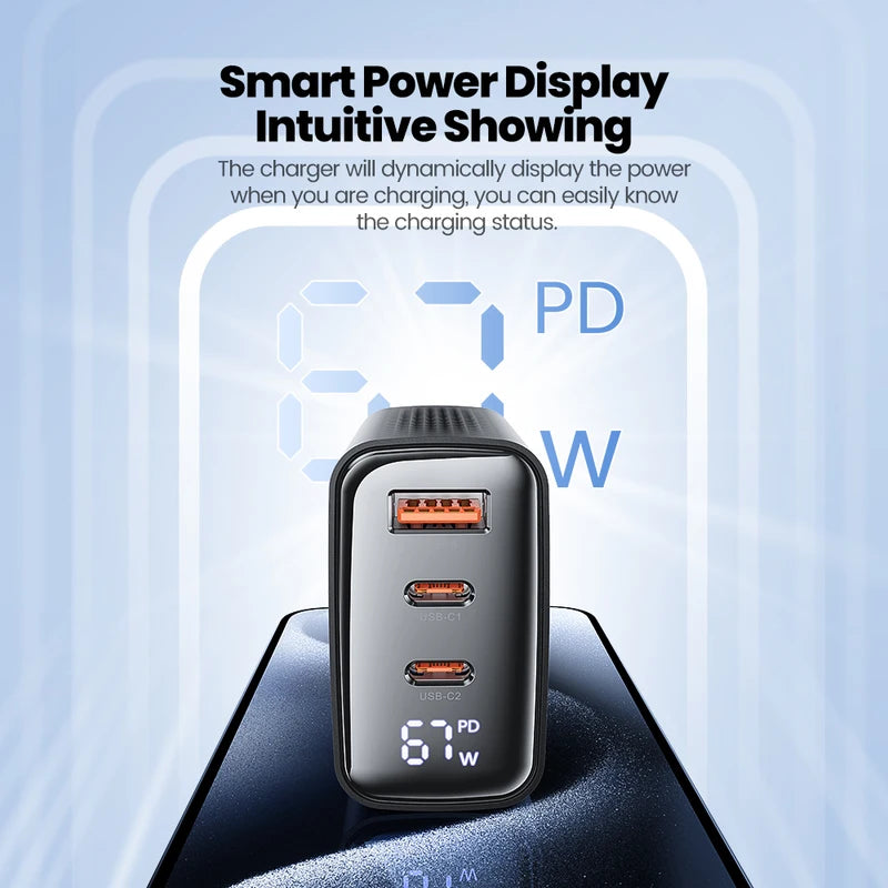 GaN Fast Charger with Digital Display 67W USB-C Power Adapter for Laptop & Mobile