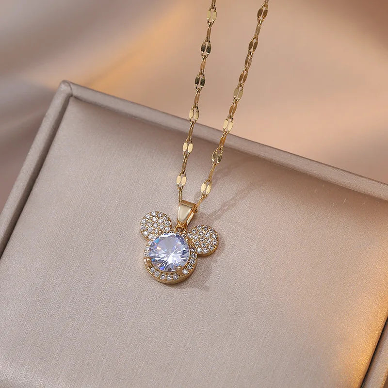 Cartoon Mouse Head Necklaces for Women Girls - Zircon Crystal Jewelry Gift
