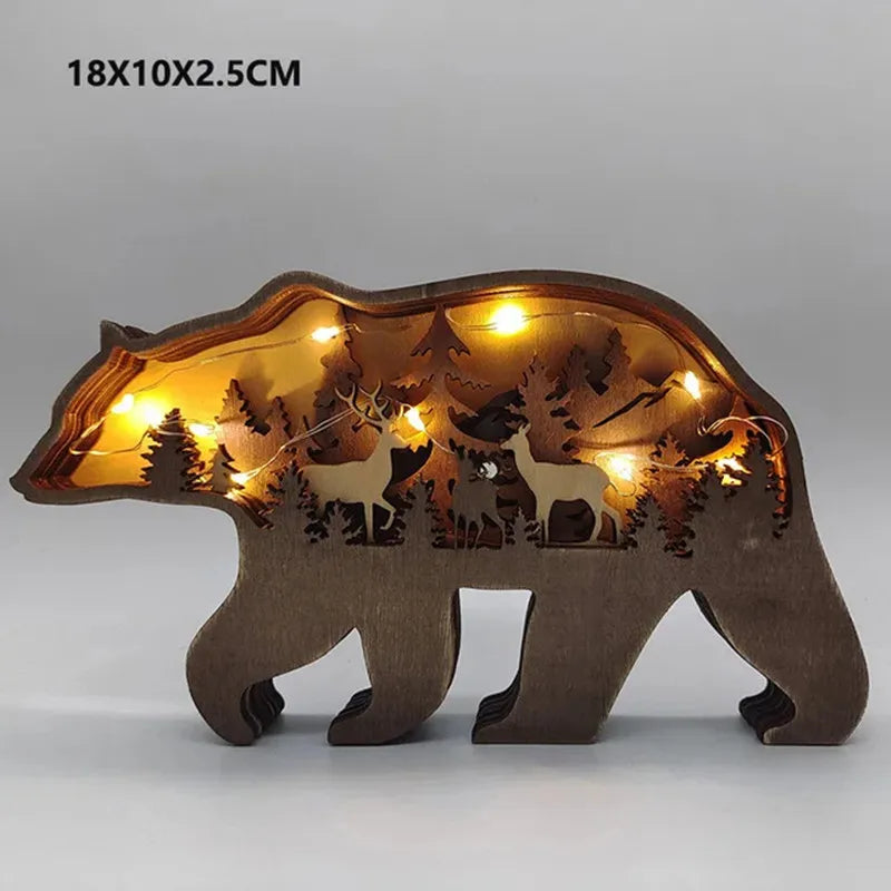 Wooden Animal Figurines with LED Light - Wolf Elk Brown Bear Home Decor