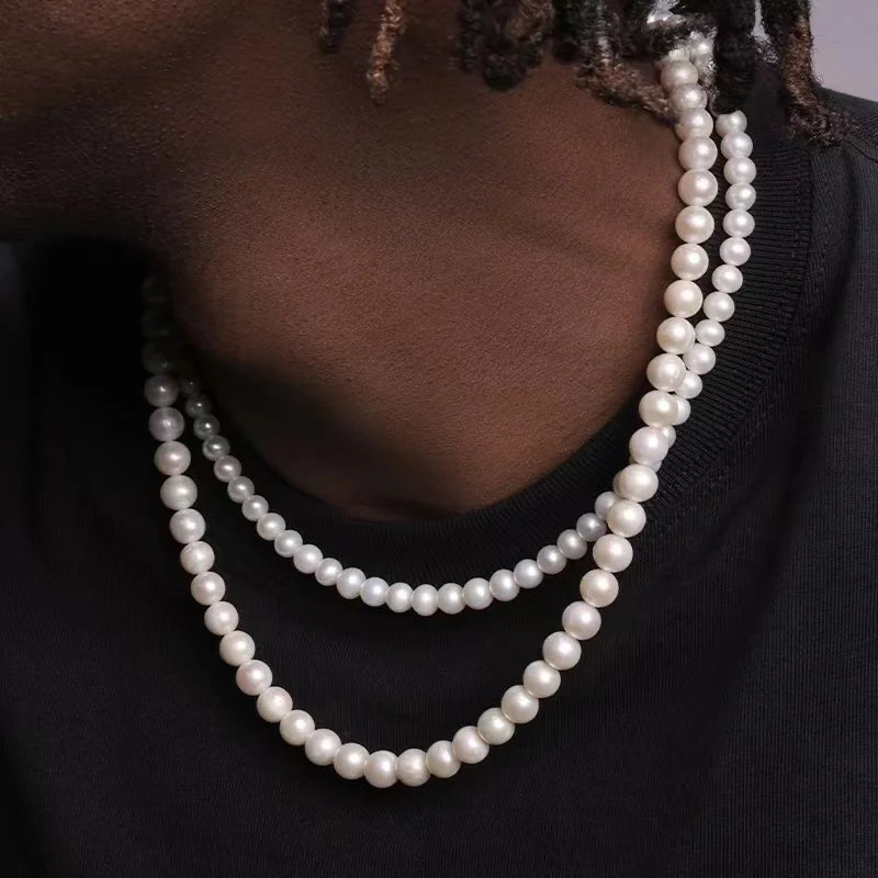 Men's Pearl Necklace Simple Handmade Strand Beads Jewelry for Women Girls Wedding