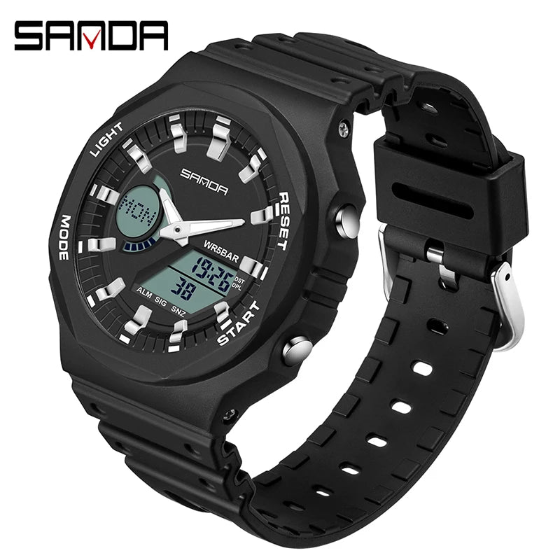 Men's Luxury Quartz Sport Watch with Dual Digital Display, Waterproof 50M