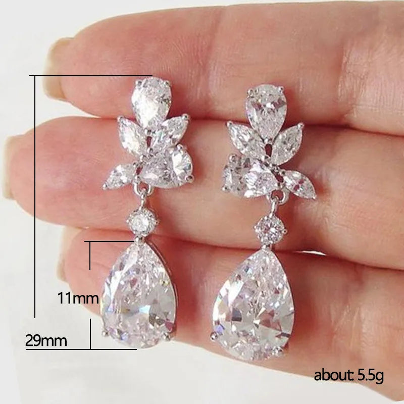 Crystal Drop Earrings with Cubic Zirconia - Trendy Silver Tone Women Jewelry