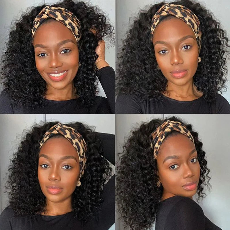 Kinky Curly Human Hair Headband Wig for Black Women 250% Density Glueless Brazilian Remy Jerry Curl