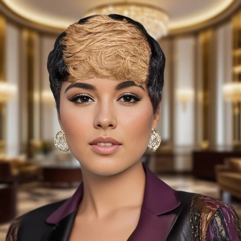 Human Hair Wig Short Wave Pixie Cut with Bangs - Layered, Full Machine Made