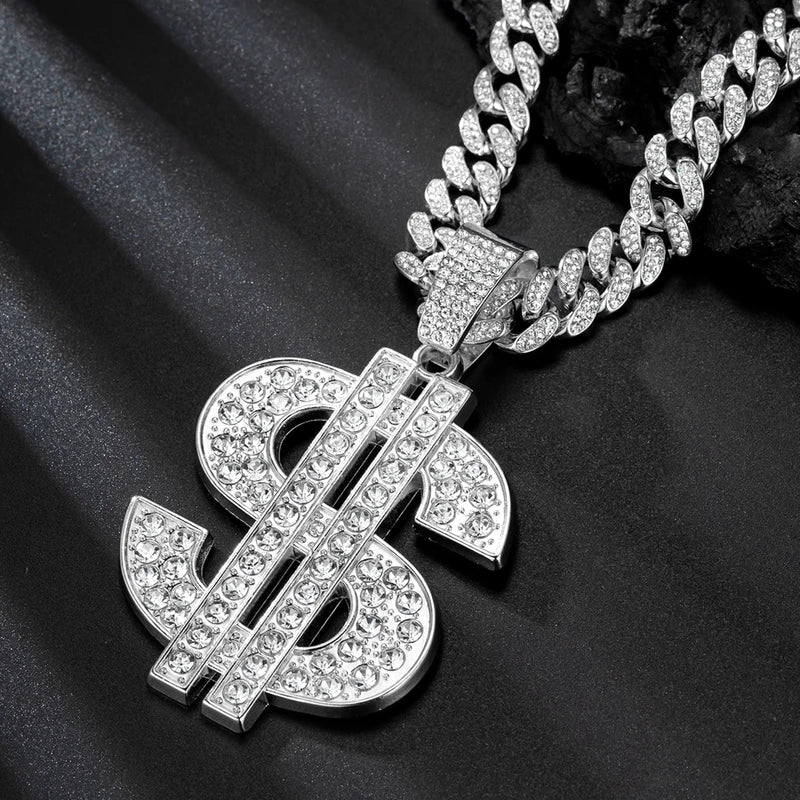 Hip Hop Dollar Pendant Necklace with Cuban Chain - Money Sign Jewelry for Men