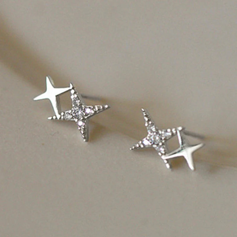 Fashion Silver Color Stud Earrings for Women - Asymmetrical Cross Star Jewelry