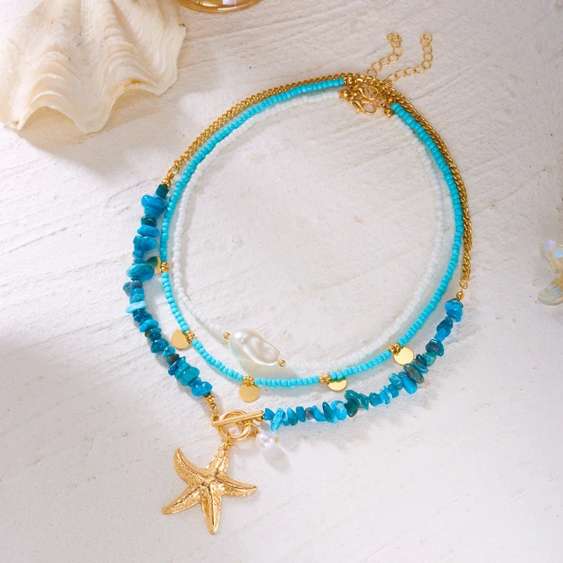 Bohemian Pearl Starfish Pendant Necklace for Women - Trendy Irregular Blue Stone Beads, Link Chain, Beach Party Jewelry