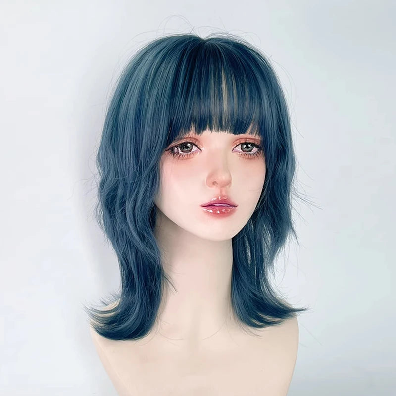 Blue Synthetic Mullet Wig with Bangs Short Straight Cosplay Hair for Parties & Daily Wear