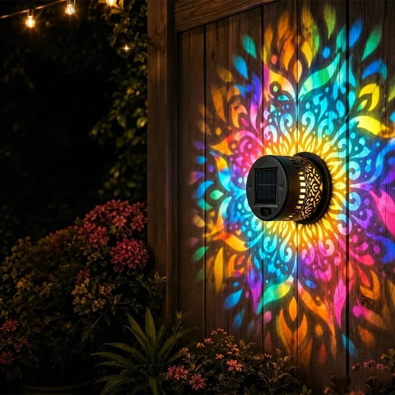 Solar Mandala Wall Light Outdoor Garden Fence Projector Lamp Waterproof Decor