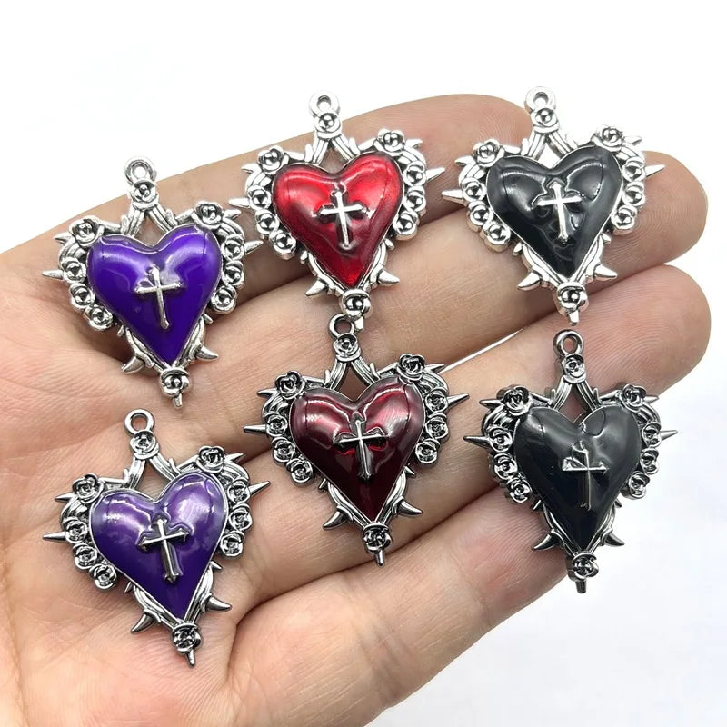 Dark Style Thorn Rose Cross Heart Charms for Jewelry Making - 6pcs Enamel Pendants