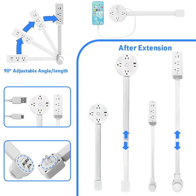 Telescopic Power Outlet Extender with 2 AC and USB Ports - 180° Rotatable Socket Expander