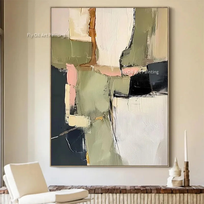 Large Abstract Wall Art Canvas - Thick Texture Grass Green Beige Handmade Oil Painting for Home Decor