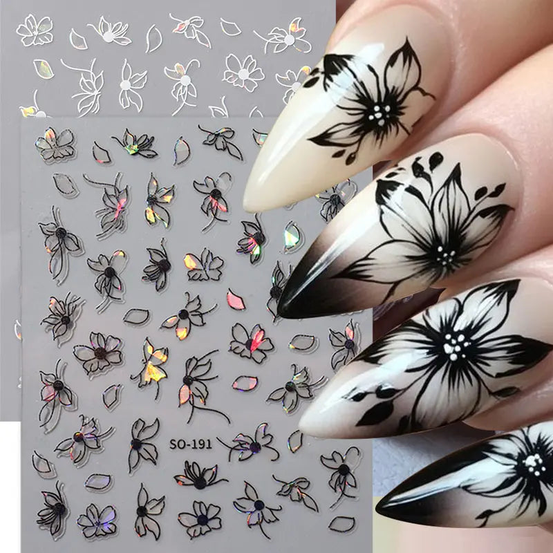 2pcs 3D Black White Flower Nail Art Decals Stickers for Manicure