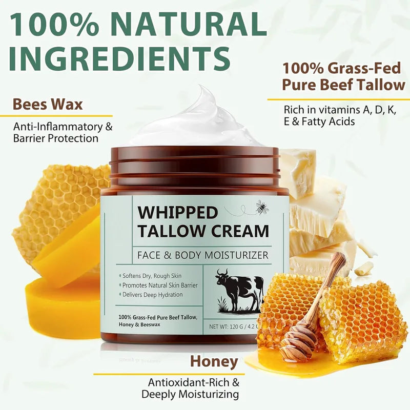 Organic Beef Tallow Face Moisturizer with Honey and Beeswax - Deep Hydrating 120g