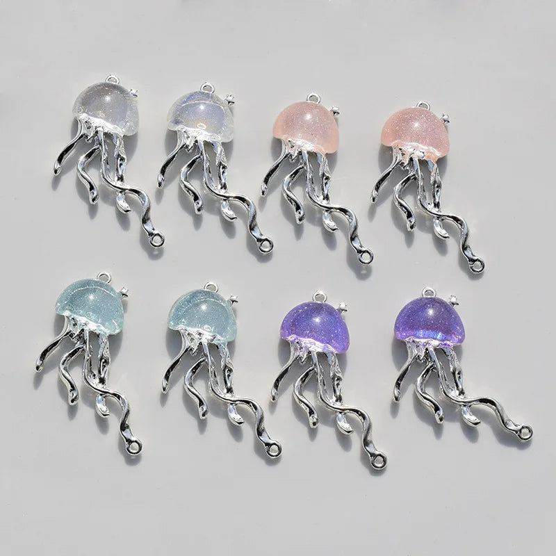 8pcs Ocean Animal Enamel Charm Beads for Jewelry Making - Jellyfish Dangle 40x22mm
