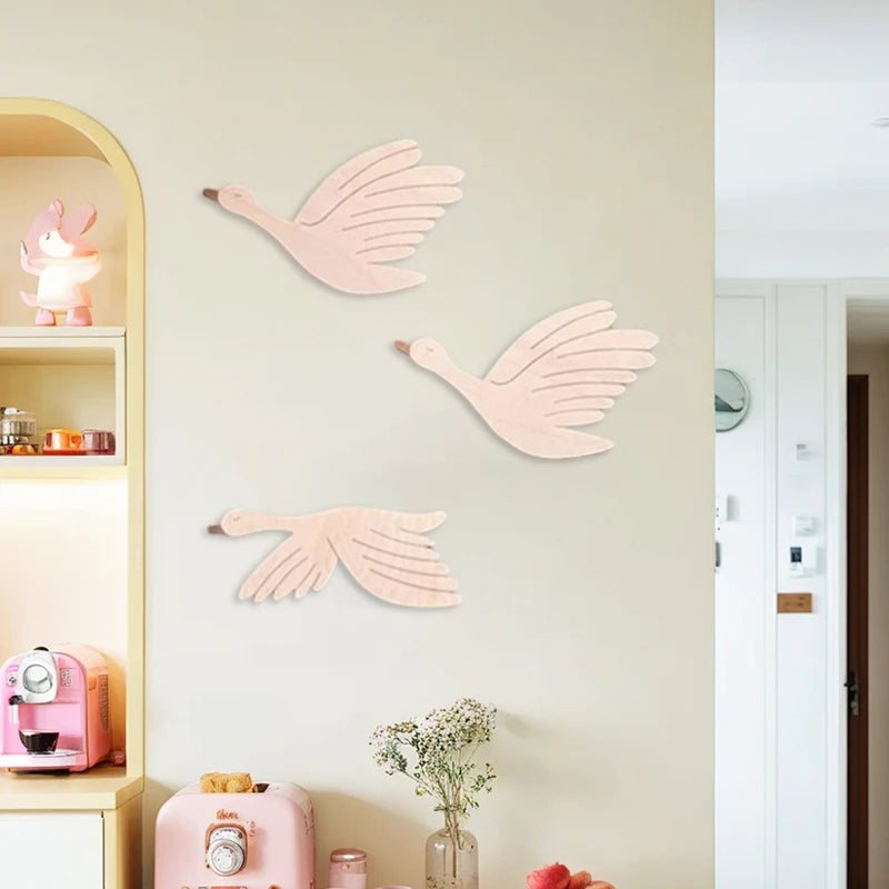 Wooden Geese Wall Art - Family of 3 Flying Bird Decor for Kids Room & Holidays
