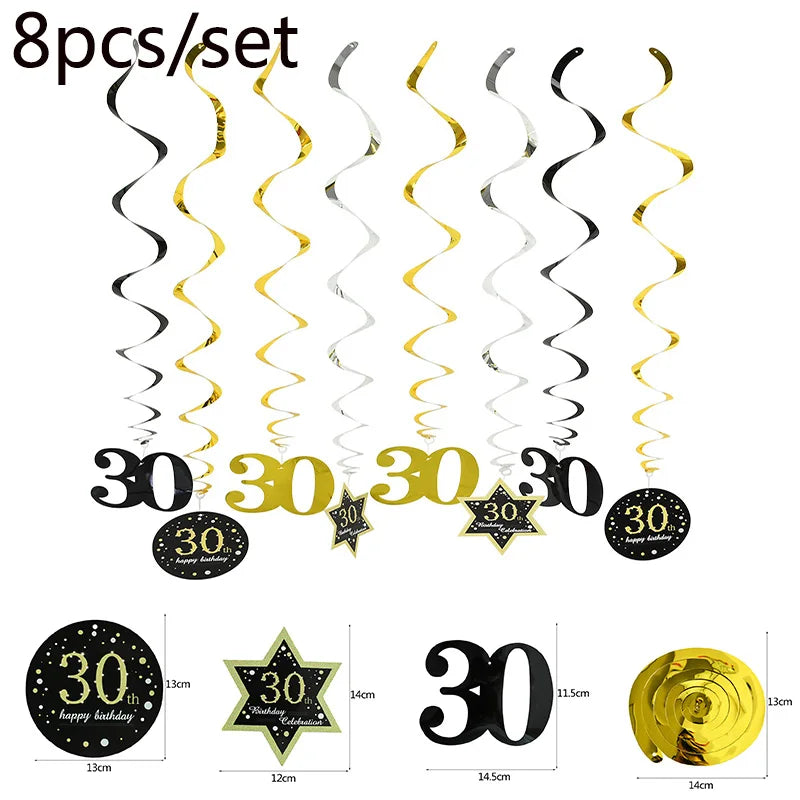 8pcs Ceiling Hanging Decor Spiral Garland Party Decorations - Black & Gold