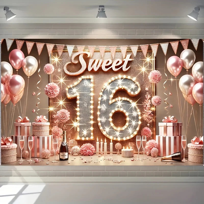 Sweet 16 Birthday Banner Decoration Polyester Background for Celebration