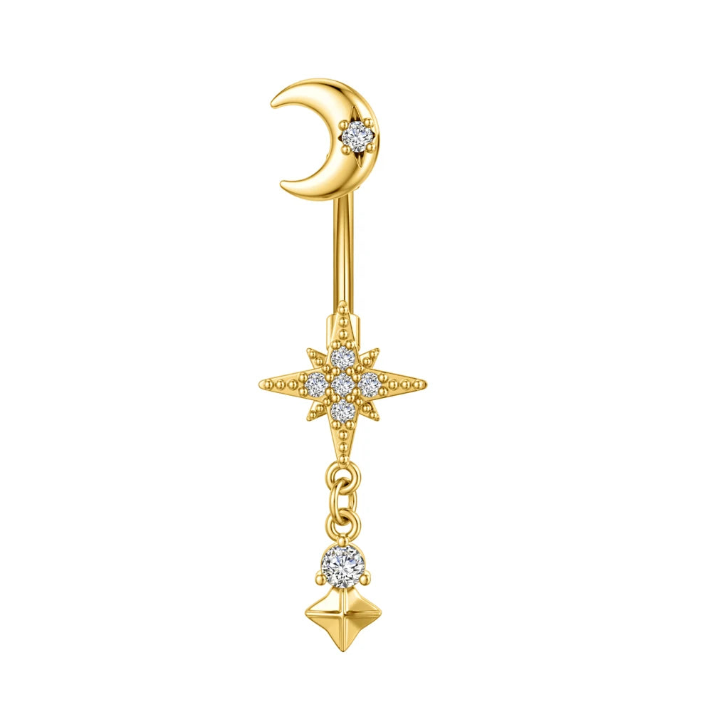 Moon & Star Belly Piercing Jewelry 14G Curved Navel Ring for Women Girls