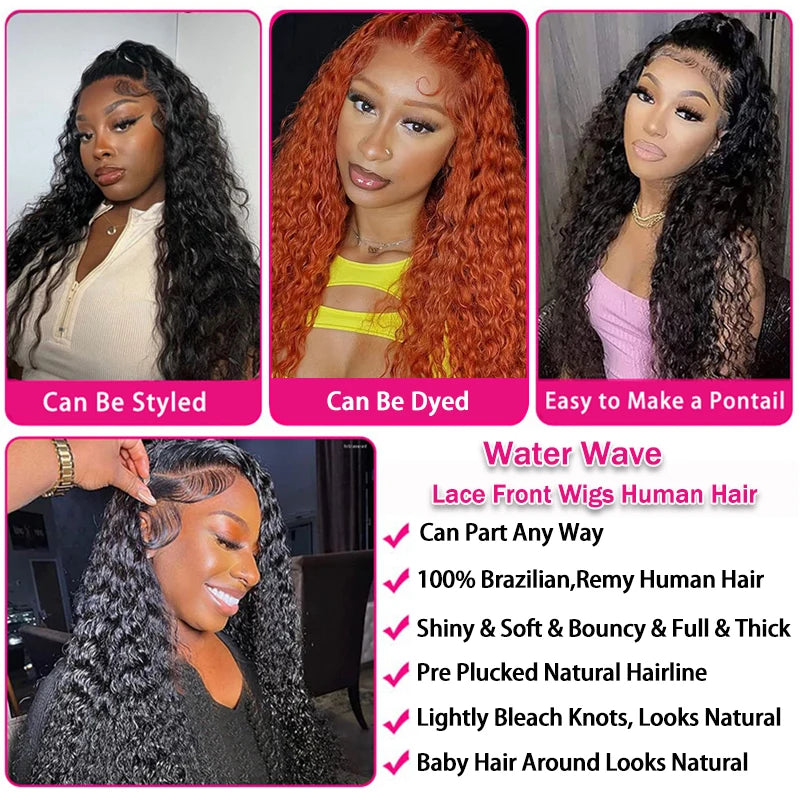 Water Wave 13x6 Lace Front Human Hair Wigs - Curly, Pre Plucked with Baby Hair