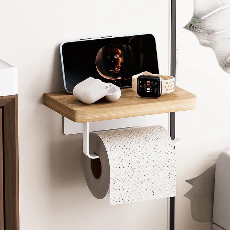 Solid Wood Toilet Paper Holder No Punch for Bathroom Tissue and Paper Roll