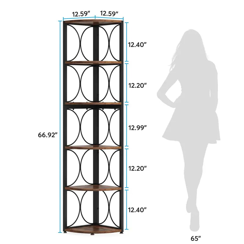 67 Inch Corner Shelf Unit with 6 Shelves - Rustic Standing Bookcase Storage Rack