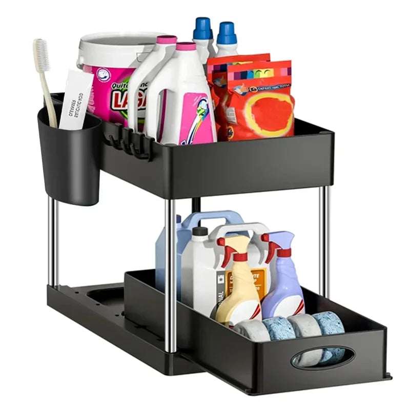 2-Tier Under Sink Organizer with Sliding Drawers & Hooks, Kitchen Bathroom Storage Rack