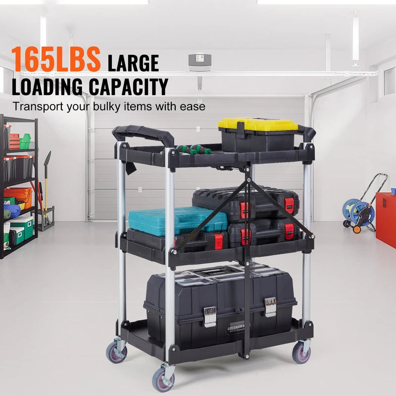 3-Tier Folding Utility Cart with Lockable Swivel Wheels - Portable Storage Shelf