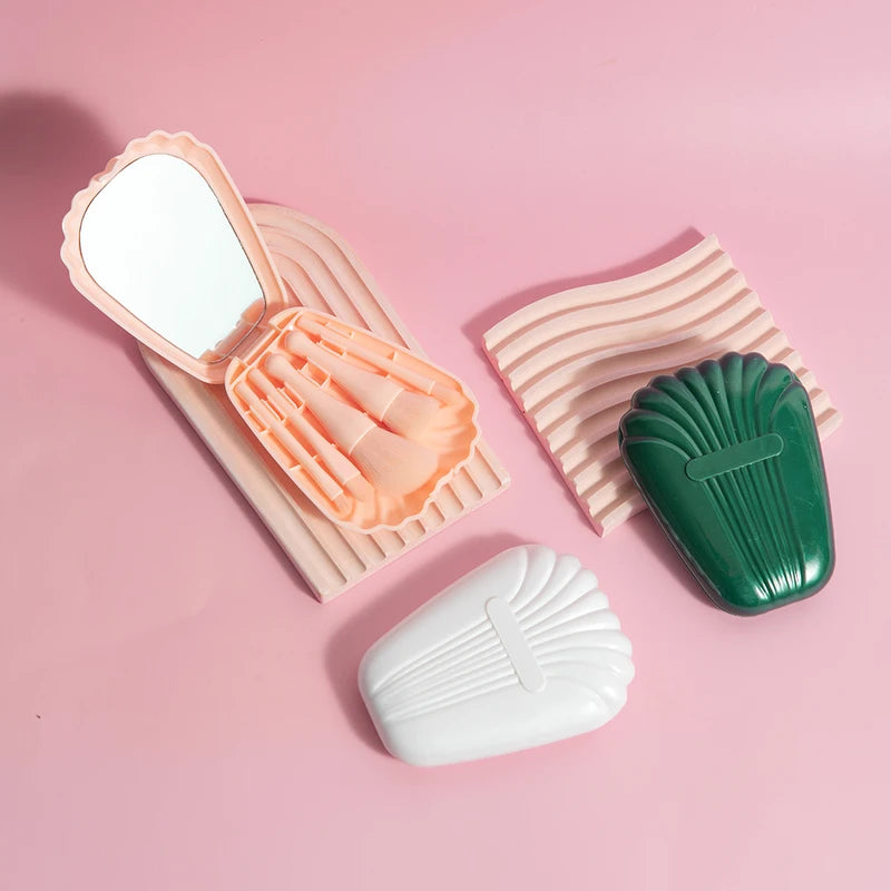 Mini Makeup Brush Set with Mirror - Portable Travel 5-Piece Cosmetic Brush Kit