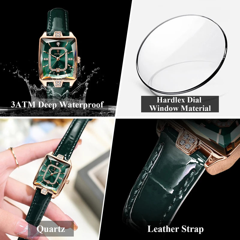 Women’s Waterproof Leather Watch with Date Function - Rectangle Quartz Watch