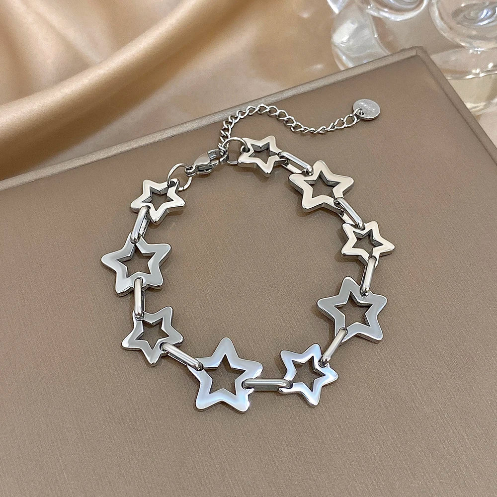 Fashion Stainless Steel Gold Silver Color Bracelet for Women with Hollow Star Link Chain Waterproof Jewelry Gift