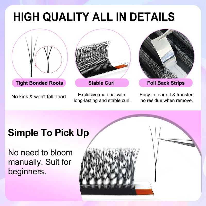 Premade 3D Eyelash Extension Fans - Natural Look, Small Spacing, 0.07mm W Shape