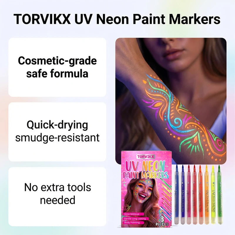 UV Luminous Face & Body Painting Pen for Parties & Concerts - Washable Neon Makeup