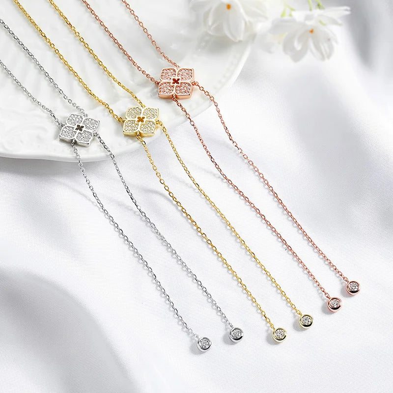 Sterling Silver Moissanite Flower Necklace with Long Chain Wedding Jewelry