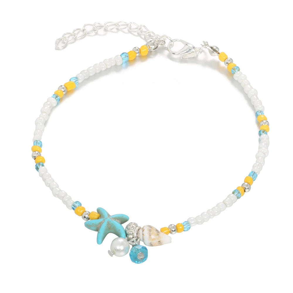 Boho Turquoise Starfish Anklet with Adjustable Chain Summer Foot Jewelry for Women & Girls