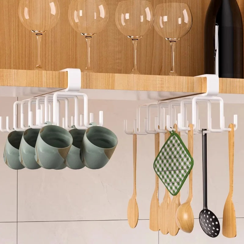 Kitchen Cabinet Bottom Shelf Hanging Hook - 6-Hook Cloth Organizer for Spatulas