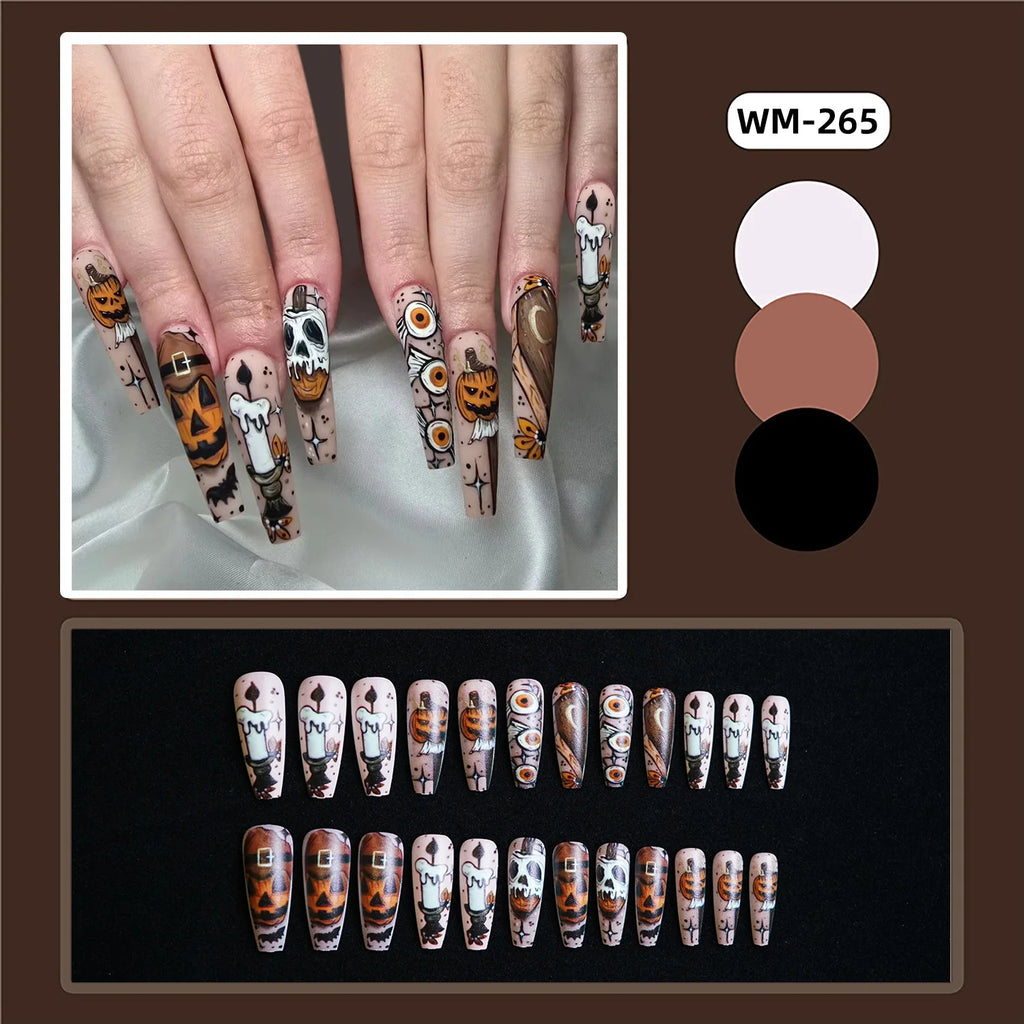 Halloween Long Press-On Nail Tips - Zombie Bride Ghost Pumpkin Print Reusable Fake Nails