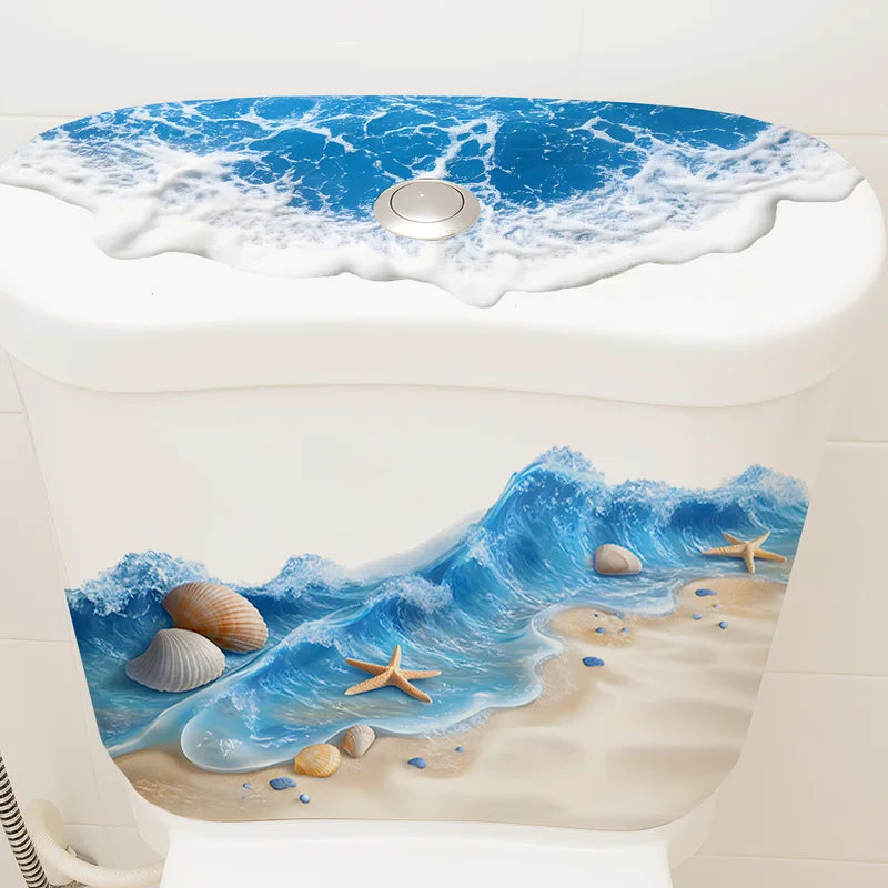 3D Ocean Wave Toilet Sticker - Waterproof Bathroom Wall Decal, Beach Seashore Decor