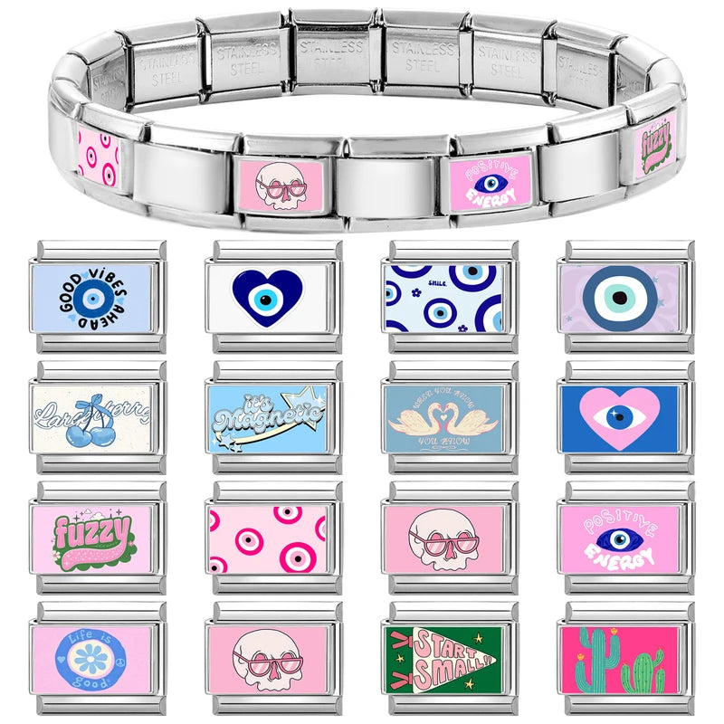 Vintage Devil Eye Blue Heart Charm Link Bracelet - Stainless Steel DIY Jewelry
