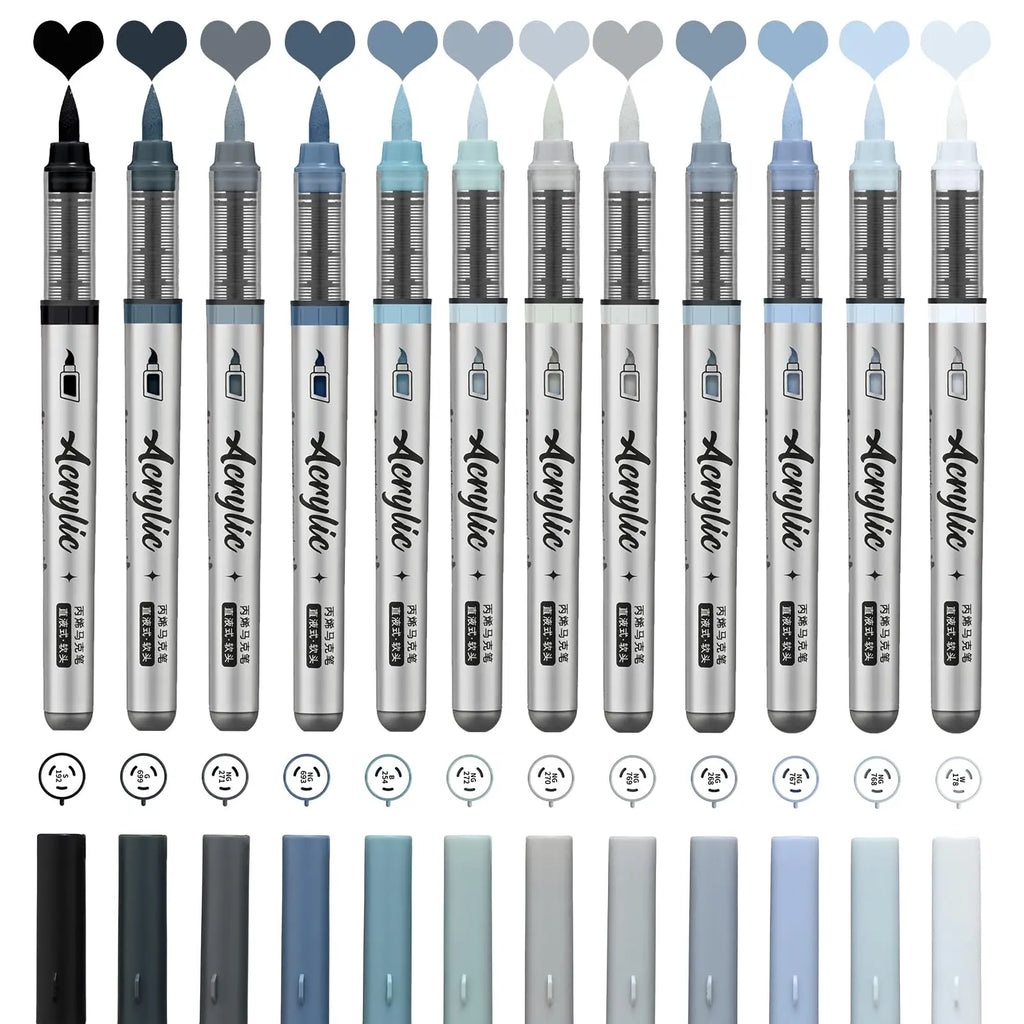 Acrylic Paint Markers Set with 12 Brush Tip Pens - Professional Art & Craft Supplies