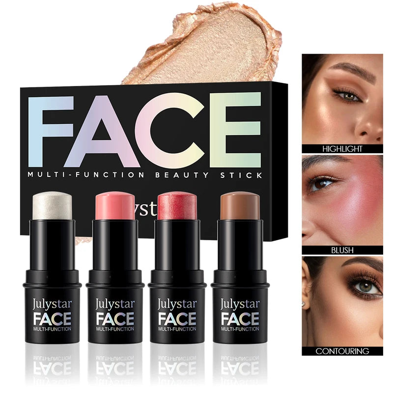 4-Pack Waterproof Face Makeup Sticks for Contouring and Highlighting - Long-Lasting Blush & Shimmer Set for Beginners Women