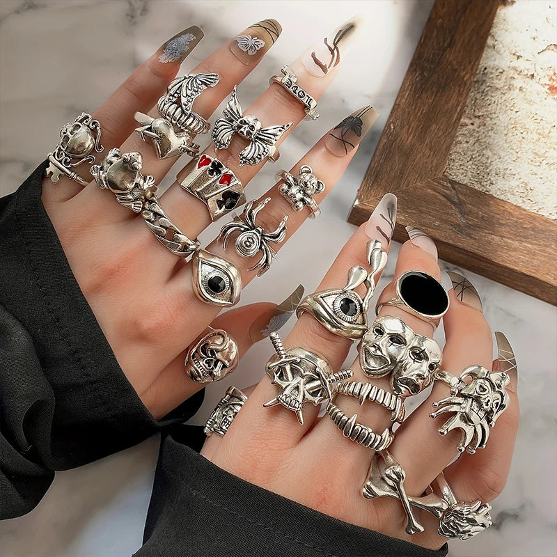 24-Piece Gothic Ring Set for Women Men Joker Devil Face Jewelry Trendy Accessories