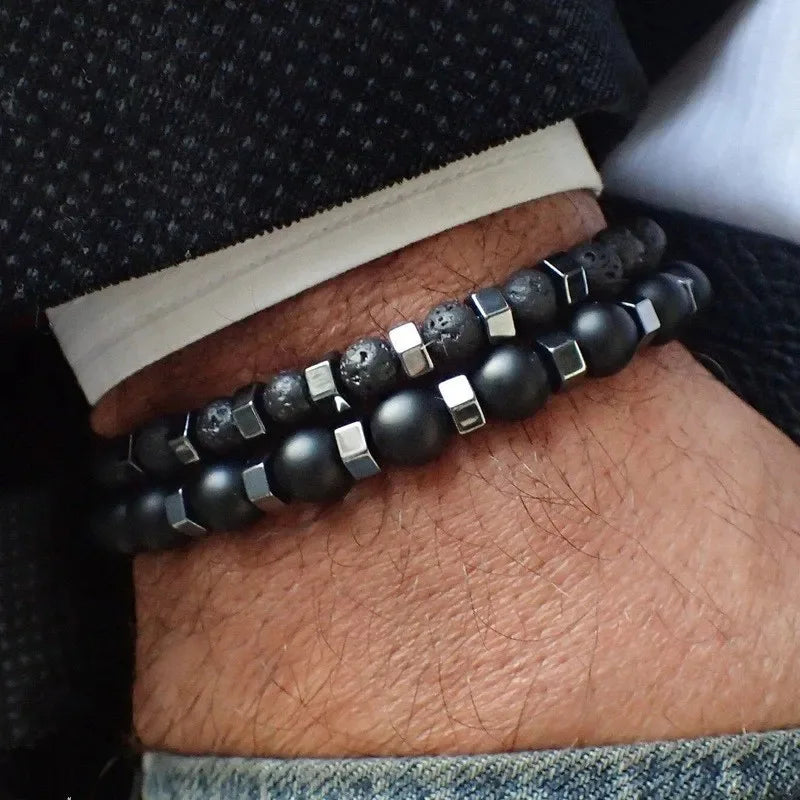 Men's Beaded Bracelet Set - Frosted Black Volcanic Stone Double Layer Jewelry