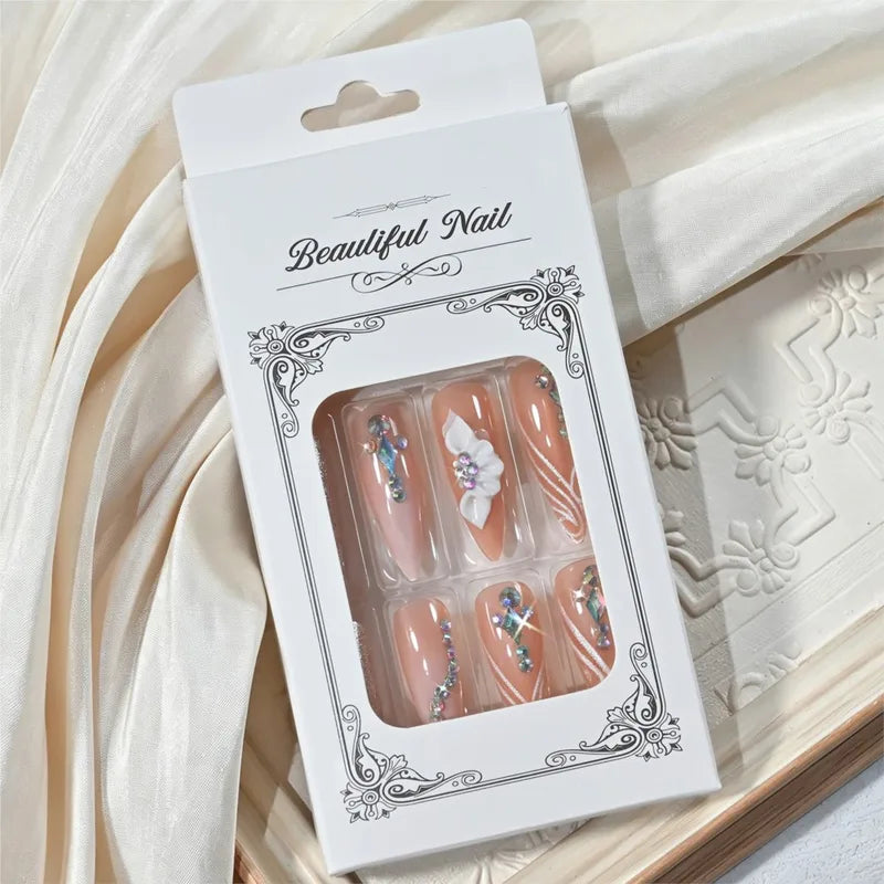 24Pcs Long Stiletto Fake Nails with Rhinestones & Gradient Finish — Full Cover French Style Press On Nails