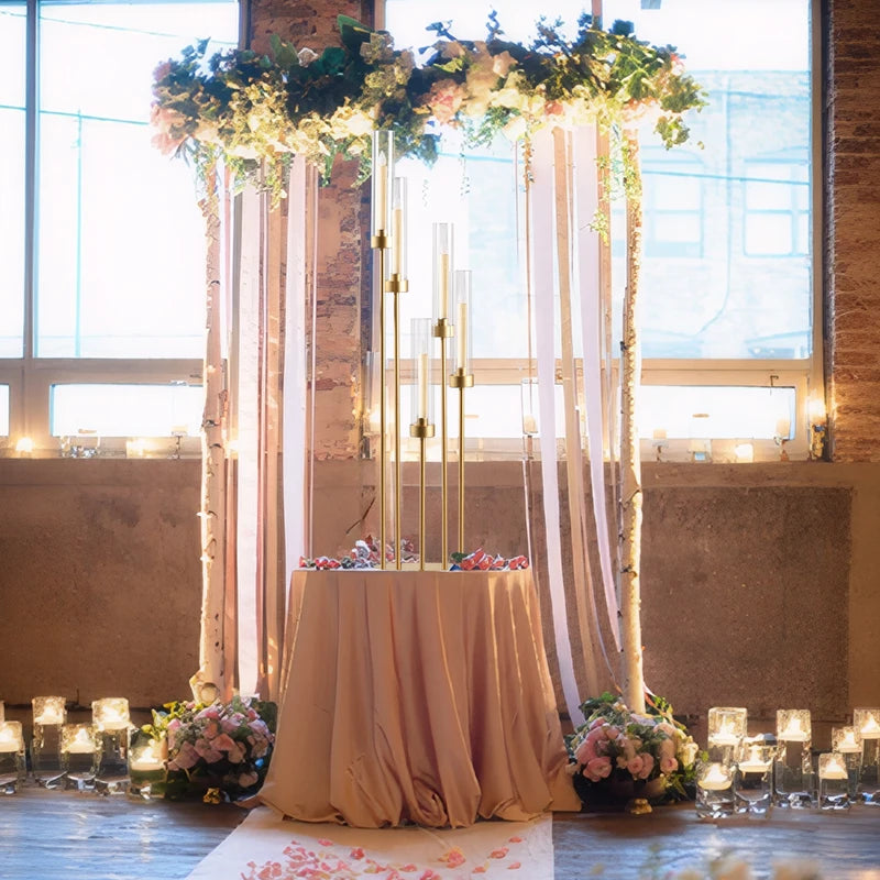 Gold 5-Arm Floor Candle Holders Set with Acrylic Shades for Weddings & Events