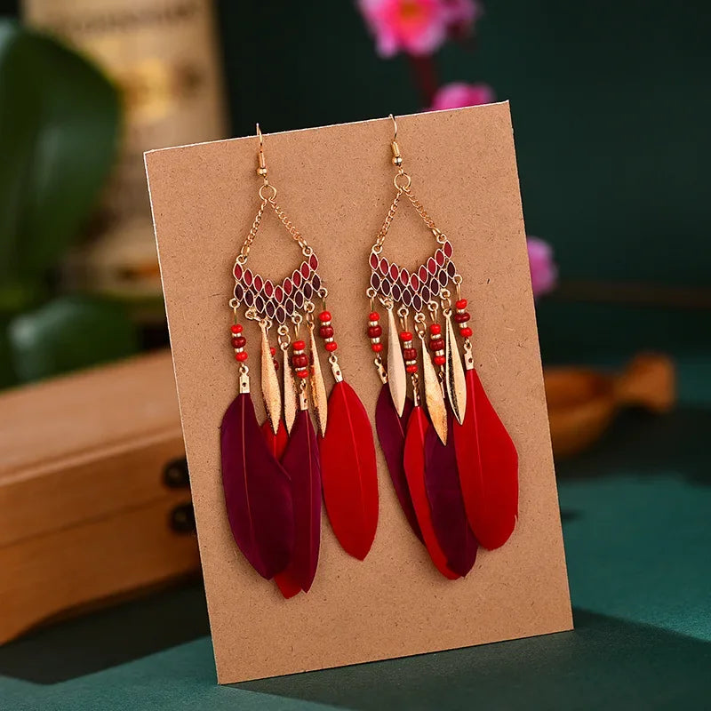 Bohemian Ethnic Feather Dangle Earrings for Women - Colorful Beaded Tassel Drop Jewelry