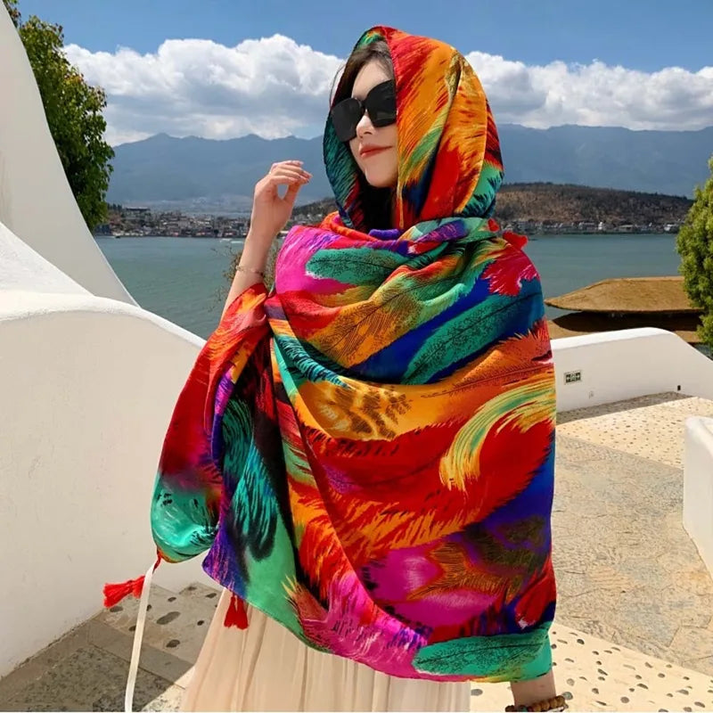 Breathable Silk Scarf Shawl Lightweight Ethnic Style Yarn Wrap for Beach & Casual Wear