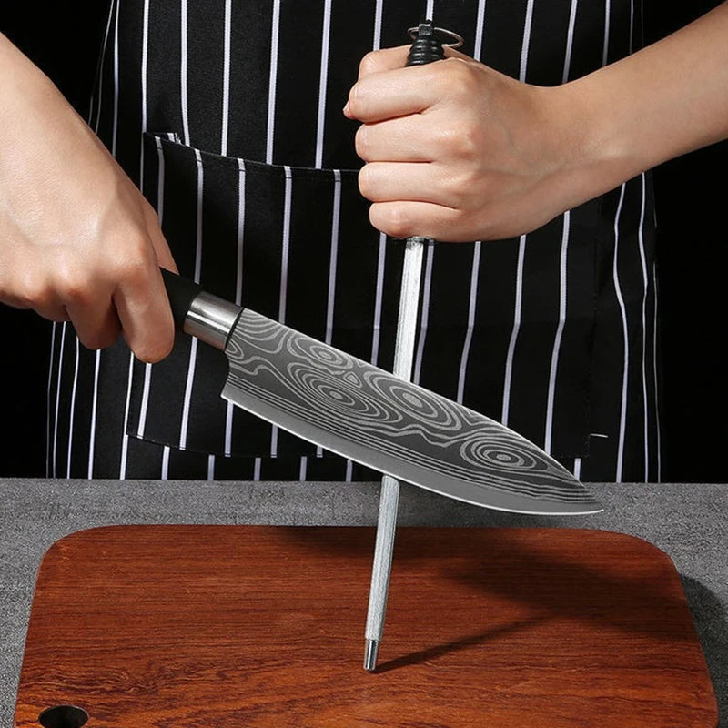Laser Damascus Pattern Kitchen Utility Chef Knife & Scissors Set - Stainless Steel Sharpener
