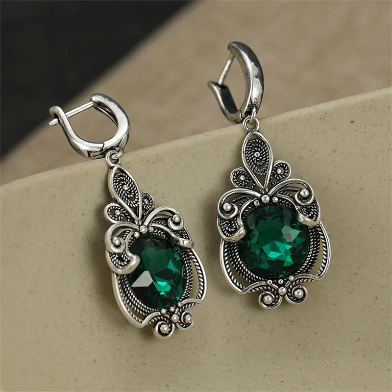 Vintage Green CZ Dangle Earrings for Women Silver Hand Carved Jewelry